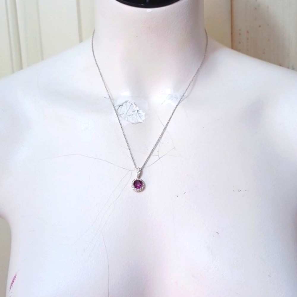 925 Sterling Silver Square Oval Amethyst & Zirconia Birthstone Necklace 20 L
